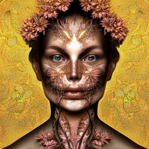 Prompt: face portrait of a beautiful woman, 150 mm, anatomical, flesh, flowers, mandelbrot fractal, veins, arteries, symmetric, intricate, golden ratio, full frame, microscopic, elegant, highly detailed, ornate, ornament, elegant , luxury, beautifully lit, ray trace, octane render in the style of peter Gric , alex grey and Romero Ressendi