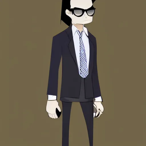 Prompt: a 1 9 8 0 s businessman, wearing a pinstripe suit, hair in slick low ponytail, sunglasses. secret vampire. character concept art by abrar ajmal.