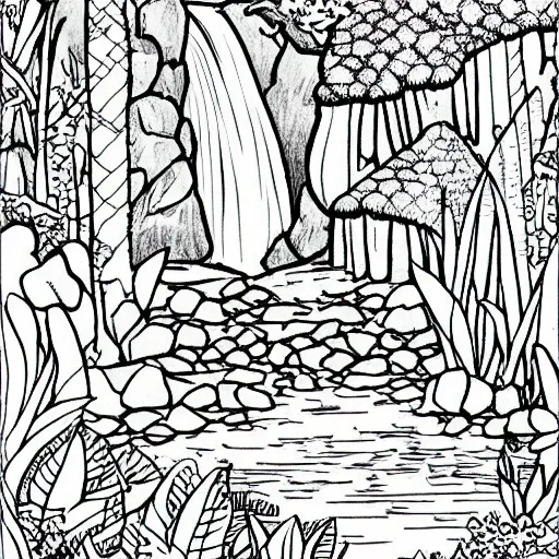 Image similar to an adult coloring page of a waterfall in the enchanted forest, light detail