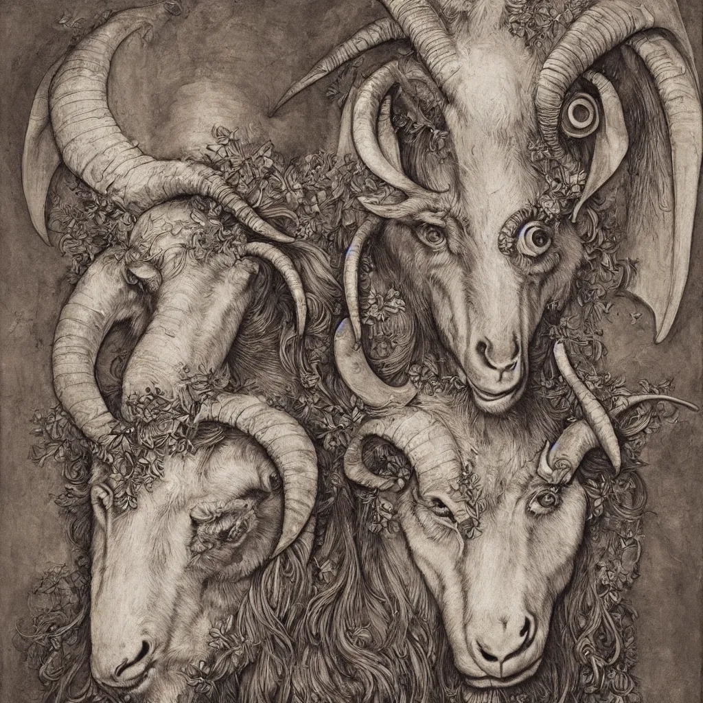 Image similar to beautiful ceremonial bilaterally symmetrical goat mask, fibonacci flow, acroteria, encarpus, shield emblem, large medium and small elements, by russ abbott, albrecht durer, artgerm, rutkowski