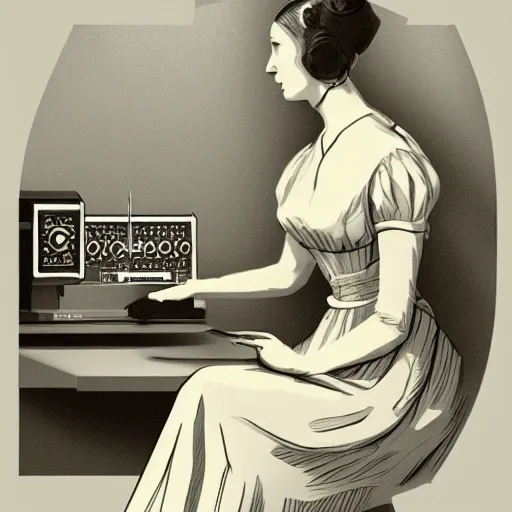 Prompt: Ada Lovelace coding on a quantum computer, retro science fiction vintage art, trending on artstation