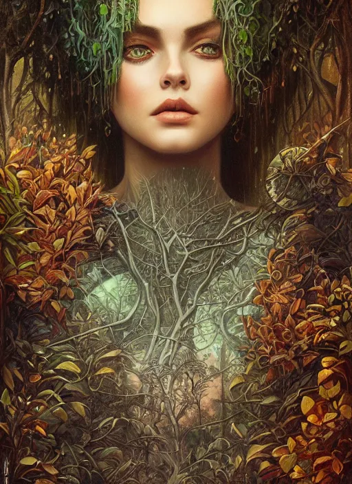 Prompt: natural city in the trees, intricate jewelry, trending on artstation 4 k, high quality, in the style of karol bak and tom bagshaw, tattoos