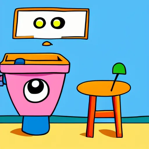 Image similar to an adorable toilet with eyes, kid's book drawing, kid drawing, children's book, infantile