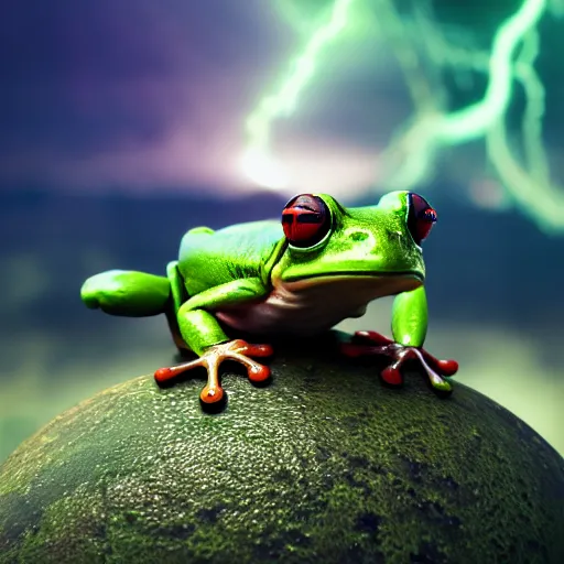 Image similar to a frog with muscles lifting planet earth over its head, octane render, cinematic rendering, dramatic lightning, visual effects, impressive, colorful, 8 k