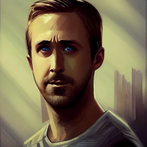 Image similar to “Portrait of Ryan Gosling by Greg Rutkowski, young, attractive, highly detailed portrait, scifi, digital painting, artstation, concept art, smooth, sharp foccus ilustration, Artstation HQ”