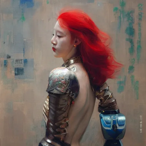 Image similar to the redhead vespa queen in hong kong, oil on canvas by ruan jia and yoshitaka amano