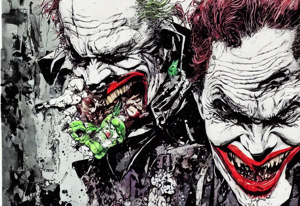 Prompt: The Joker facing off against Batman, by Ralph Steadman, highly detailed, sharp focus