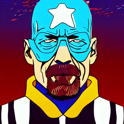 Image similar to Synthwave digital art of Walter White eating Captain America themed cake