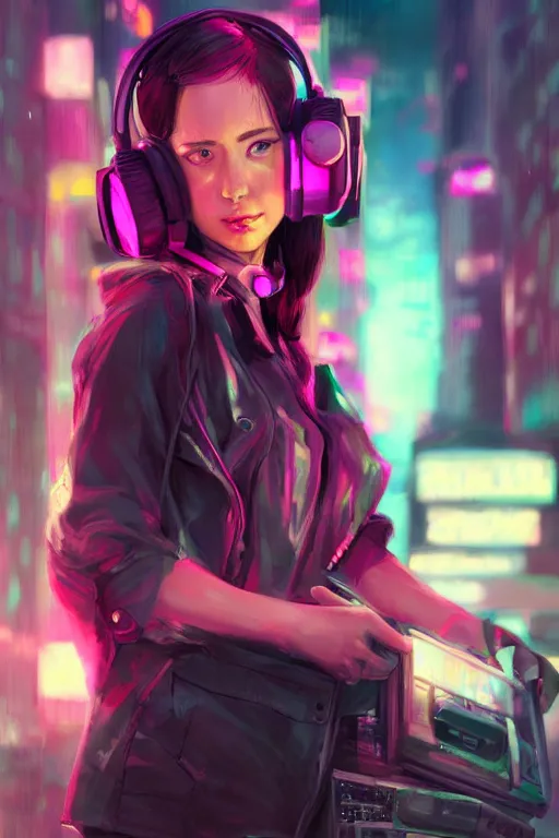 Image similar to gamer girl with a pink headset, city street, cyberpunk, harsh neon lights, highly detailed, sharp focus, digital painting, illustration, trending on artstation, art by sakimichan, wlop, greg rutkowski