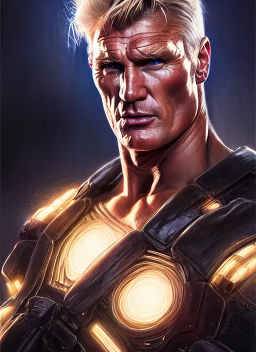 Image similar to dolph lundgren as cable, intricate, elegant, glowing lights, highly detailed, digital painting, artstation, glamor pose, concept art, smooth, sharp focus, illustration, art by artgerm and greg rutkowski, artey freytag