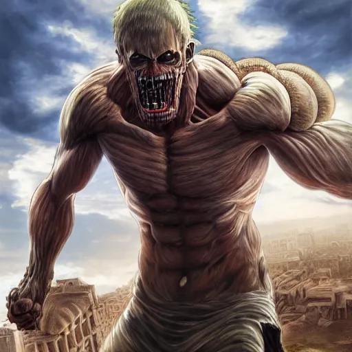 Prompt: Ultra Realistic Titan from attack on Titan attacking the Parthenon, oil on Canvas intricate, 8k highly professionally detailed, HDR, CGsociety
