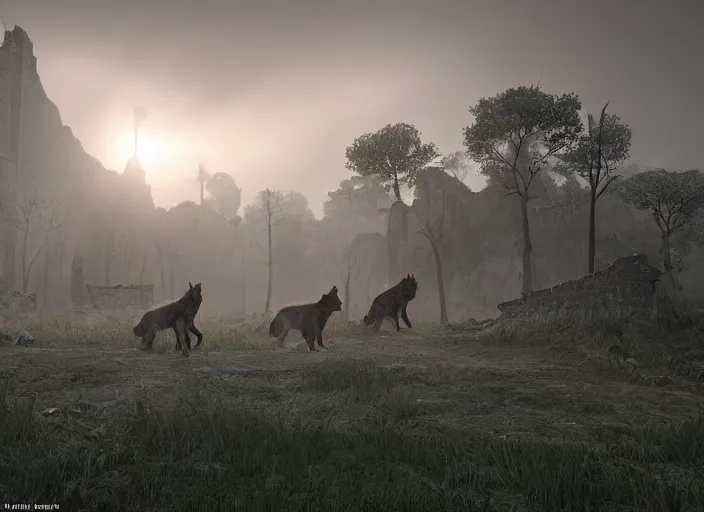 Image similar to a pack of giant wolfs walk through the ruins of a viking village, horror, dramatic lighting, dawn, by caspar david friedrich, unreal engine 5