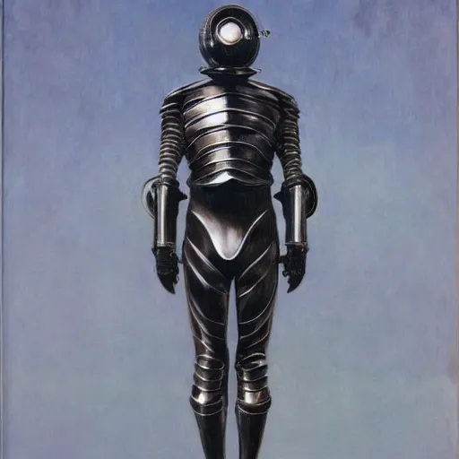 Image similar to full body portrait of beautiful gothic and futuristic fashion model, open space armour, cyber armour, highly detailed, artstation, illustration, composition, 8 k quality, art by jean delville, rene magritte, hyperrealism oil painting