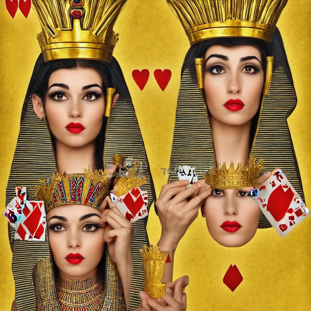 Prompt: beautiful cute egyptian queen of hearts with golden crown, playing card, head shot, photorealistic, single person, one head, dynamic medium shot, symmetrical face portrait, portrait