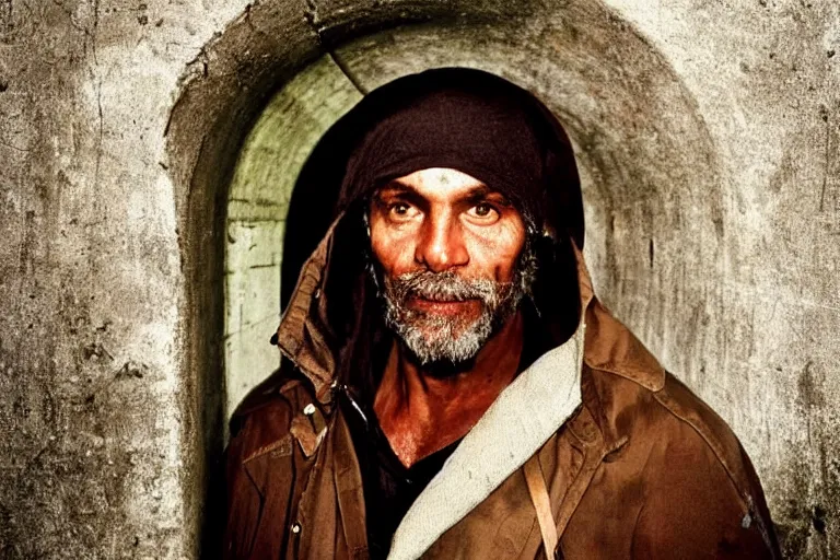 Prompt: a cinematic!! headshot photograph!! of a beautiful homeless war veteran, stood in a tunnel, rain, dirt, film still, cinematic lighting, by bill henson