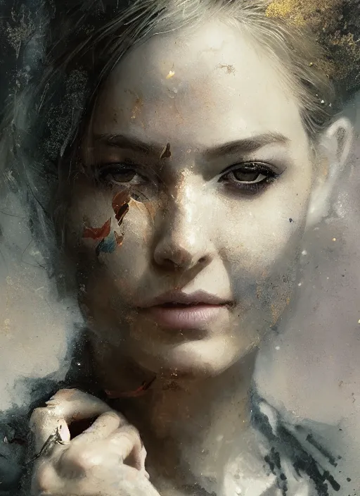 Prompt: golden leaves, beautiful portrait painting by jeremy mann, a female witch absurdly beautiful, elegant, ultrafine hyperrealistic detailed face illustration by wlop and artgerm and greg rutkowski, intricate linework, sharp focus, smooth, octopath traveler, final fantasy, unreal engine, dramatic lighting, ethereal, 8 k