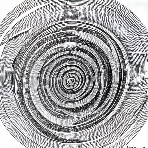 Image similar to an infinite spiral, micron pen drawing, black ink, brutalist