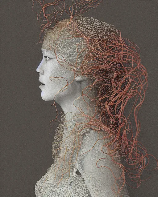 Image similar to a woman's face in profile, long flowing hair entwined in a coral reef, made of intricate decorative lace leaf, in the style of the dutch masters and gregory crewdson, dark and moody