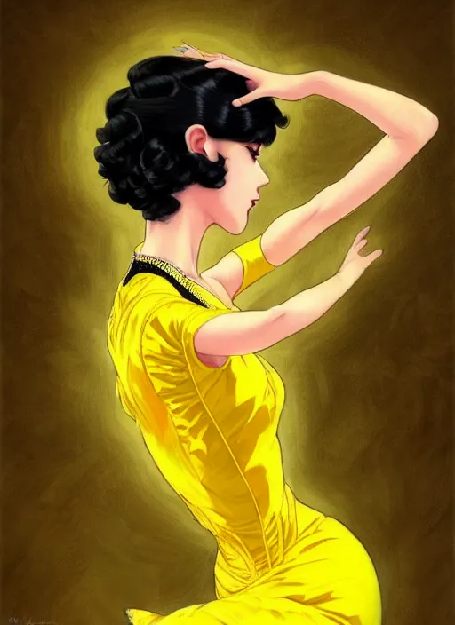 Image similar to a beautiful dancer in yellow with black hair in 1920's fashion, ballroom background, intricate, highly detailed, digital painting, artstation, official media, anime key visual, concept art, rich vivid colors, ambient lighting, sharp focus, illustration, art by Artgerm, Makoto Shinkai, Ilya Kuvshinov, Lois Van Baarle, and Rossdraws