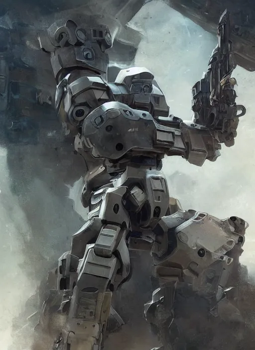 Image similar to full body shot of a mech soldier holstering his rifle, Art Station, cinematic, concept art, 8k, Pinterest, cgsociety, hyper detailed, ultra realistic, illustration, epic, high resolution, post processing, high quality, sci fi, robot, sharp, 4k UHD, realistic, intricate, menacing, masterpiece, Deviant Art, Trending on Artstation, Unreal Engine 4k, art by Yi Yang artstation + StTheo + Alan Van Ryzin,