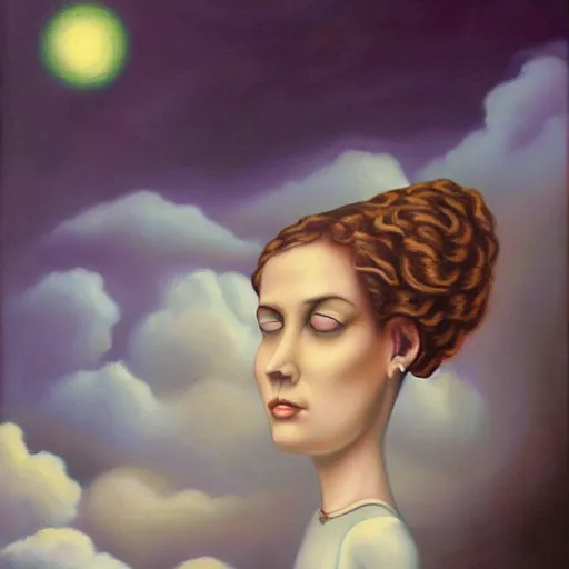 Prompt: a painting of a woman surrounded by clouds, a surrealist painting by mark ryden, featured on deviantart, pop surrealism, cosmic horror, lovecraftian, poster art