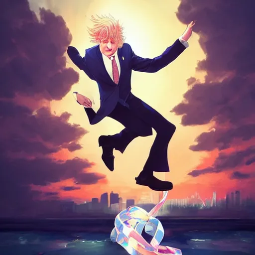 Image similar to Boris Johnson holding a ribbon wearing suit and necktie dancing on water, detailed facial features, evokes feelings of joy, beautiful flowing fabric, sunset, dramatic angle, realistic and detailed, by studio trigger, pixiv dslr photo by Makoto Shinkai rossdraws and Wojtek Fus