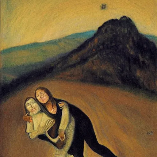 Prompt: Benjamin Netanyahu carrying Sara Netanyahu on his shoulders up a black mountain, wide shot, by Franz Stuck