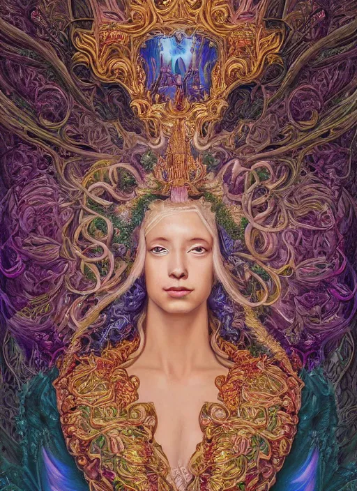 Image similar to beautiful oil painting, full length portrait of dauphinois in baroque coronation robes 1701, Dan Mumford, Dan Mumford, Alex grey, highly detailed , lsd visuals, dmt fractal patterns, hallucinogen, visionary art, psychedelic art, ornate, vaporwave, baroque, Greg rutkowski