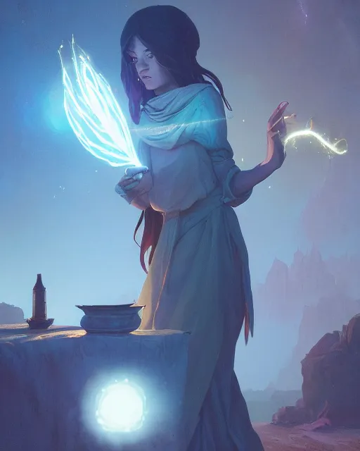 Image similar to highly detailed vfx portrait of a mage casting a light spell, unreal engine, greg rutkowski, loish, rhads, beeple, makoto shinkai and lois van baarle, ilya kuvshinov, rossdraws, tom bagshaw, alphonse mucha, global illumination, detailed and intricate environment