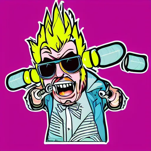 Image similar to svg vector sticker of absolutely insane-mad-scientist-villain, rocking out, wearing headphones, huge speakers, dancing, rave, DJ, spinning records, digital art, amazing composition, rule-of-thirds, award-winning, trending on artstation, featured on deviantart