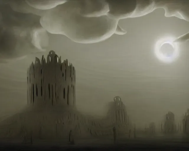 Image similar to ! dream city sized clay sculpture in a huge room. billowing clouds. brightest sun barely visible through the light fog. skeletons grinning. cosmic horror. halloween aesthetics, like an old monster movie. zombies are comming