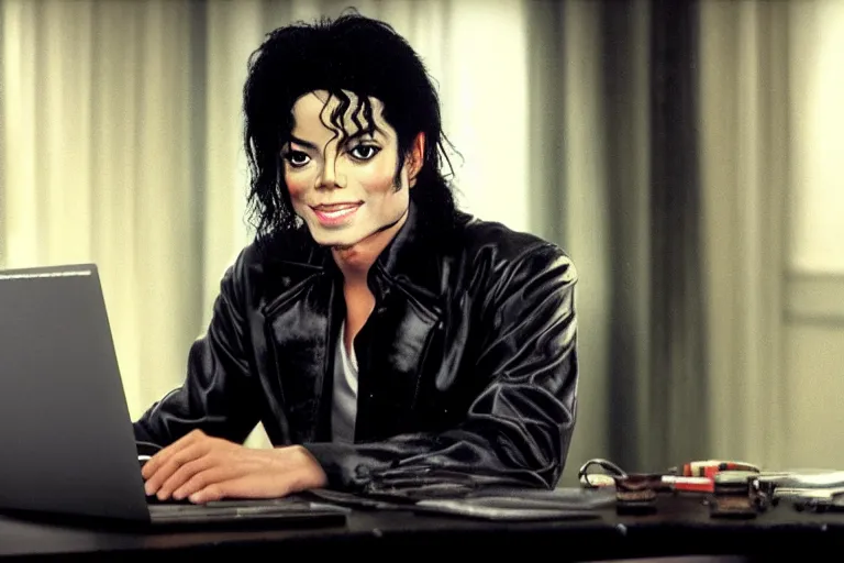 Image similar to Michael Jackson using discord on a computer ultra realistic, 4K, movie still, UHD, sharp, cinematic