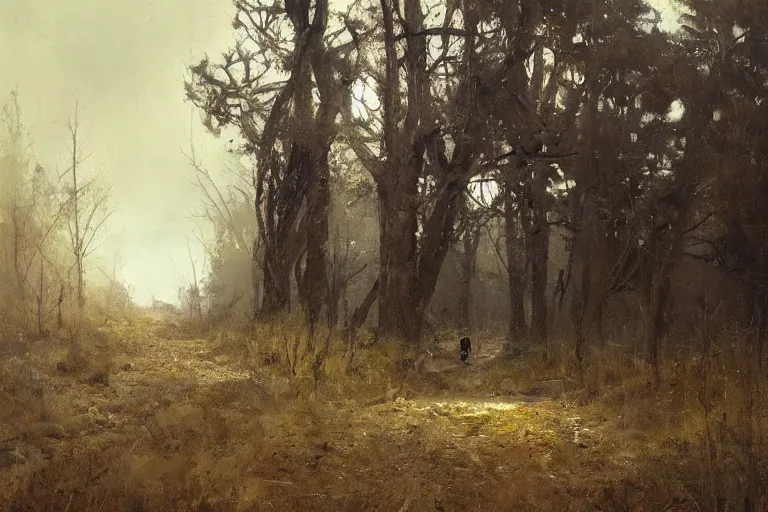 Prompt: painting of a path in a desolate valley, a dead stump of a tree at the crossroad, by jeremy mann and greg rutkowski, intricate cinematic light, oil on canvas