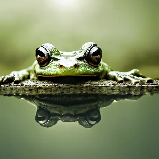 Prompt: A big frog that looks straight at the camera. The frog sits on top of a backlit glass sphere. Central composition. Monochrome, high contrast, 24mm tilt-shift. Award-winning photo.