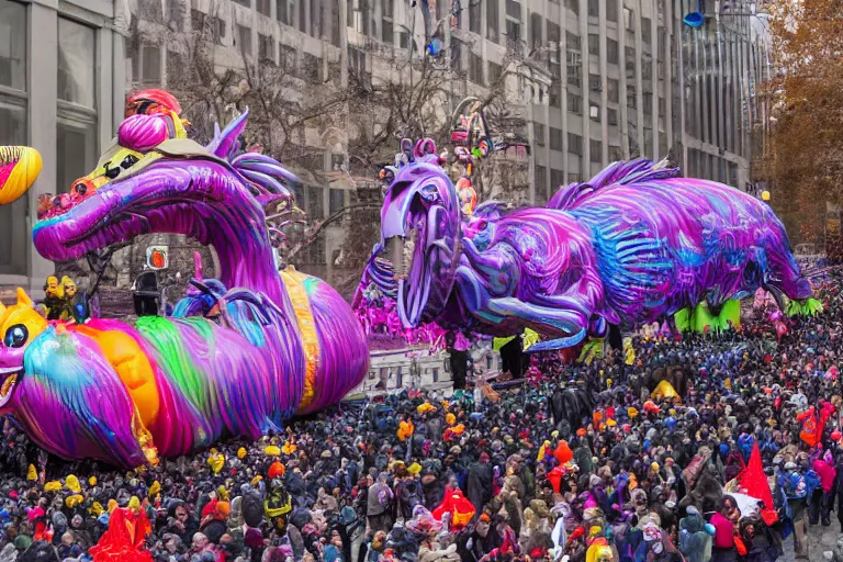 Prompt: photo of giant parade float designed by lisa frank and hr giger in the macys thanksgiving parade, detailed 4 k photo