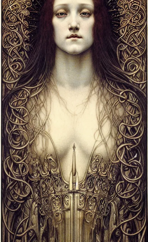 Image similar to detailed realistic beautiful young medieval queen face portrait by jean delville, gustave dore and marco mazzoni, art nouveau, symbolist, visionary, gothic, pre - raphaelite. horizontal symmetry