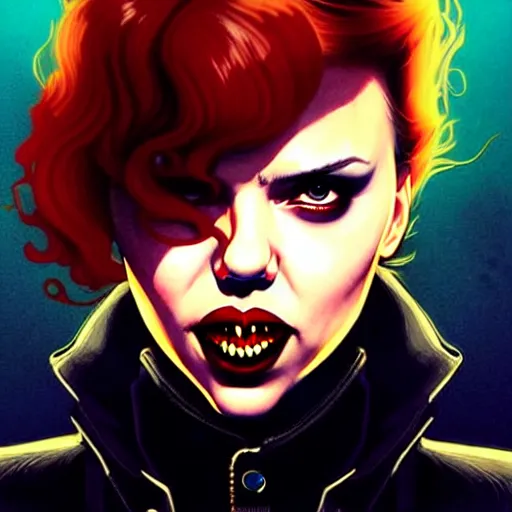 Image similar to rafael albuquerque comic art, peter mohrbacher, steve niles, artgerm, pretty scarlett johansson vampire sharp vampire teeth open mouth, symmetrical eyes, black leather jacket, jeans, long blonde hair