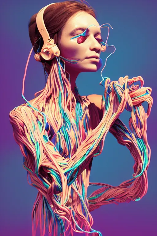 Prompt: epic 3 d abstract 🇵🇷 headset hacker, spinning hands and feet, 2 0 mm, plum and teal peanut butter melting smoothly into asymmetrical tea trees, thick liquid filled wires looping, solar powered, beautiful code, houdini sidefx, trending on artstation, by jeremy mann, ilya kuvshinov, jamie hewlett and ayami kojima