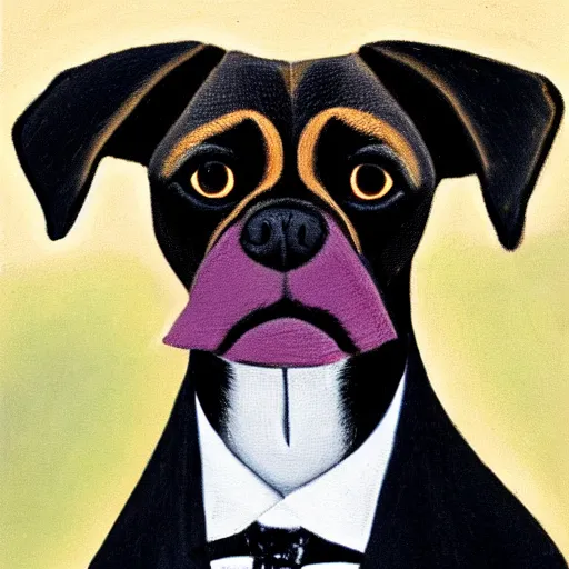 Image similar to a portrait of black pugalier dog wearing suit and tie, by francis bacon