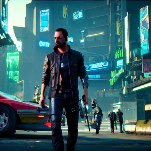 Image similar to photo of a Keanu Reaves in the Cyberpunk 2077 game