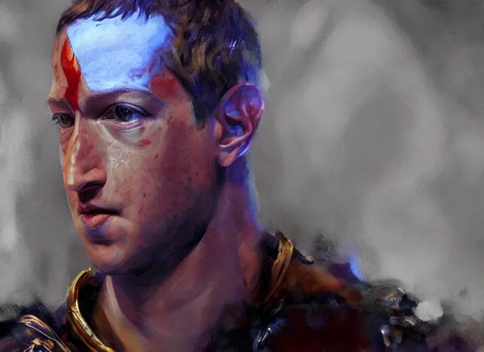 Image similar to a highly detailed beautiful portrait of mark zuckerberg as kratos, by gregory manchess, james gurney, james jean