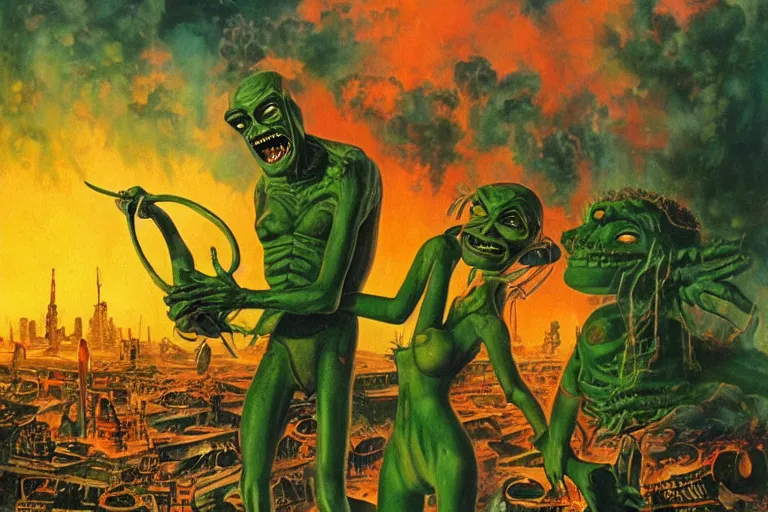 Prompt: a picture of a happy subgenius and sexy green alien holding hands in front of a burning city, a detailed matte painting by mort kunstler, pixiv, kitsch movement, hellish background, movie poster, official art