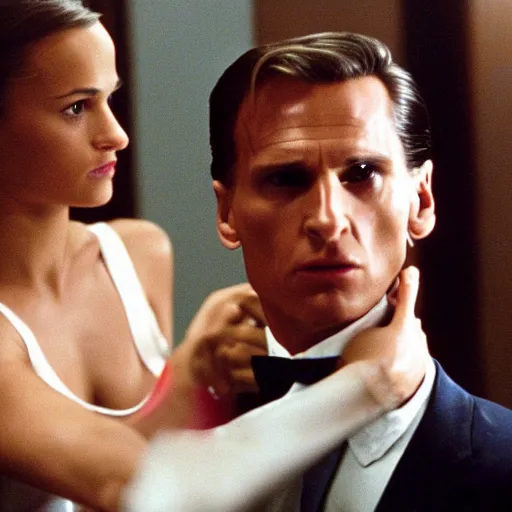 Prompt: Alicia Vikander and Patrick Bateman in American Psycho (1999)