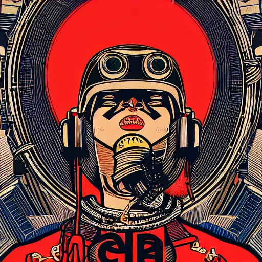 Prompt: !dream Illustrated by Shepard Fairey and H.R. Geiger | Cyberpunk Soviet Samurai with VR helmet, surrounded by cables