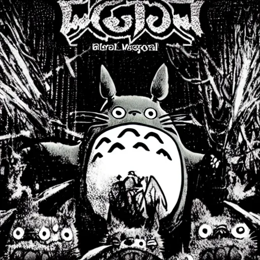 Image similar to totoro in a black metal band in a concert, dressed like band metal marduk, mayhem, burzum, immortal, a crowd cheering, a drummer, electric guitar, sparkles all around, fantasy digital art, wow, stunning, ghibli style, hight quality