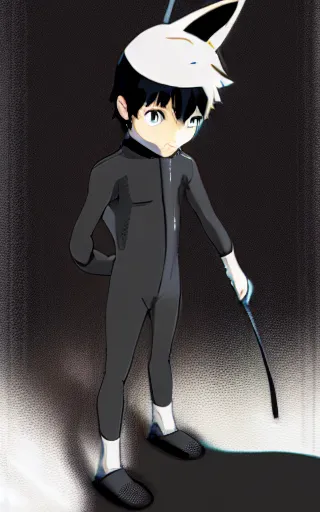 Image similar to little boy with cat ears wearing an black latex suit with cape. digital painting made by makoto shinkai and james jean and kohei horikoshi, perfect composition, highly sharp details, smooth