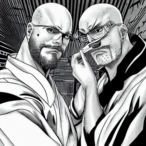 Image similar to bald ethan van sciver with a trimmed grey beard and point nose as an anime character