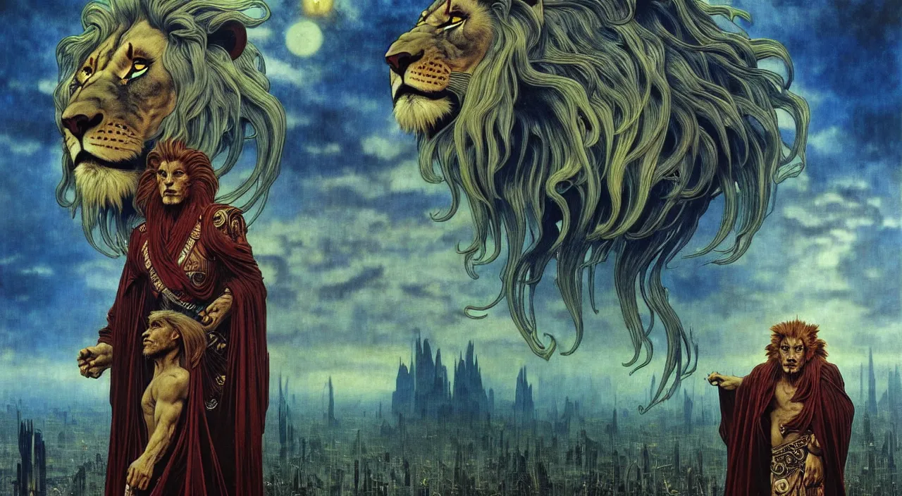 Image similar to realistic detailed portrait movie shot of a lionman wearing dark robes, sci fi city landscape background by denis villeneuve, amano, yves tanguy, alphonse mucha, ernst haeckel, max ernst, roger dean, masterpiece, rich moody colours, blue eyes, occult