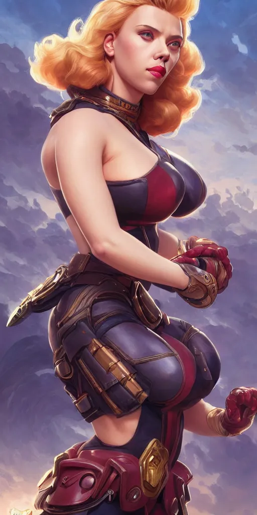 Image similar to scarlett johansson, pinup, league of legends, intricate, highly detailed, digital painting, hyperrealistic, artstation, concept art, smooth, sharp focus, illustration, Unreal Engine 5, 8K, art by artgerm and greg rutkowski and alphonse mucha, by Jesper Ejsing