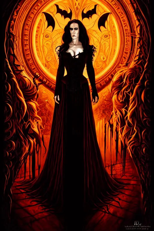 Image similar to jennifer connelly vampire queen, sharp fangs, blood, full body, intricate victorian dress, digital art, cinematic lighting, studio quality, symmetrical, artgerm, joshua middleton, rafael albuquerque, moody lighting, candles, art style by klimt, nixeu and ian sprigger and wlop and krenz cushart